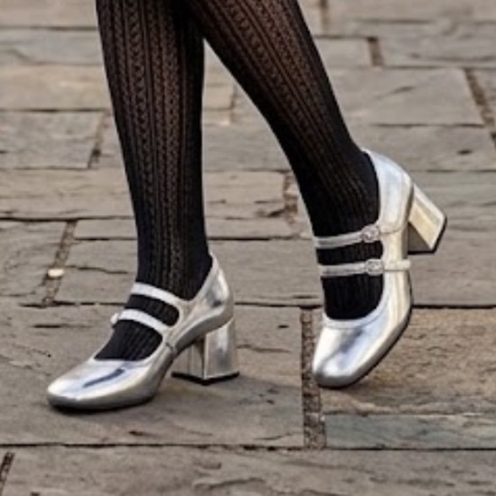 Seychelles Silver Metallic Double Strap Mary Jane Block Heel Pumps Shoes